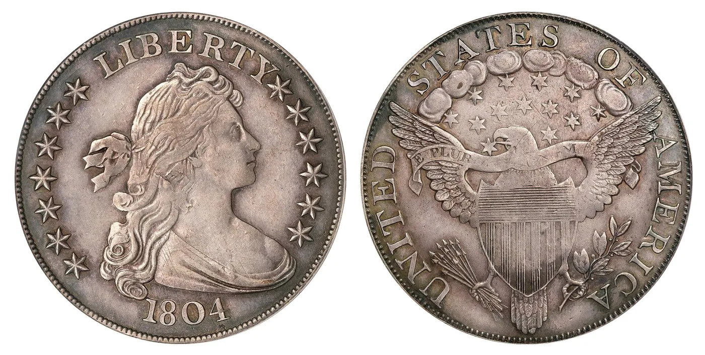 Obverse and reverse of a Class III 1804 Draped Bust silver dollar