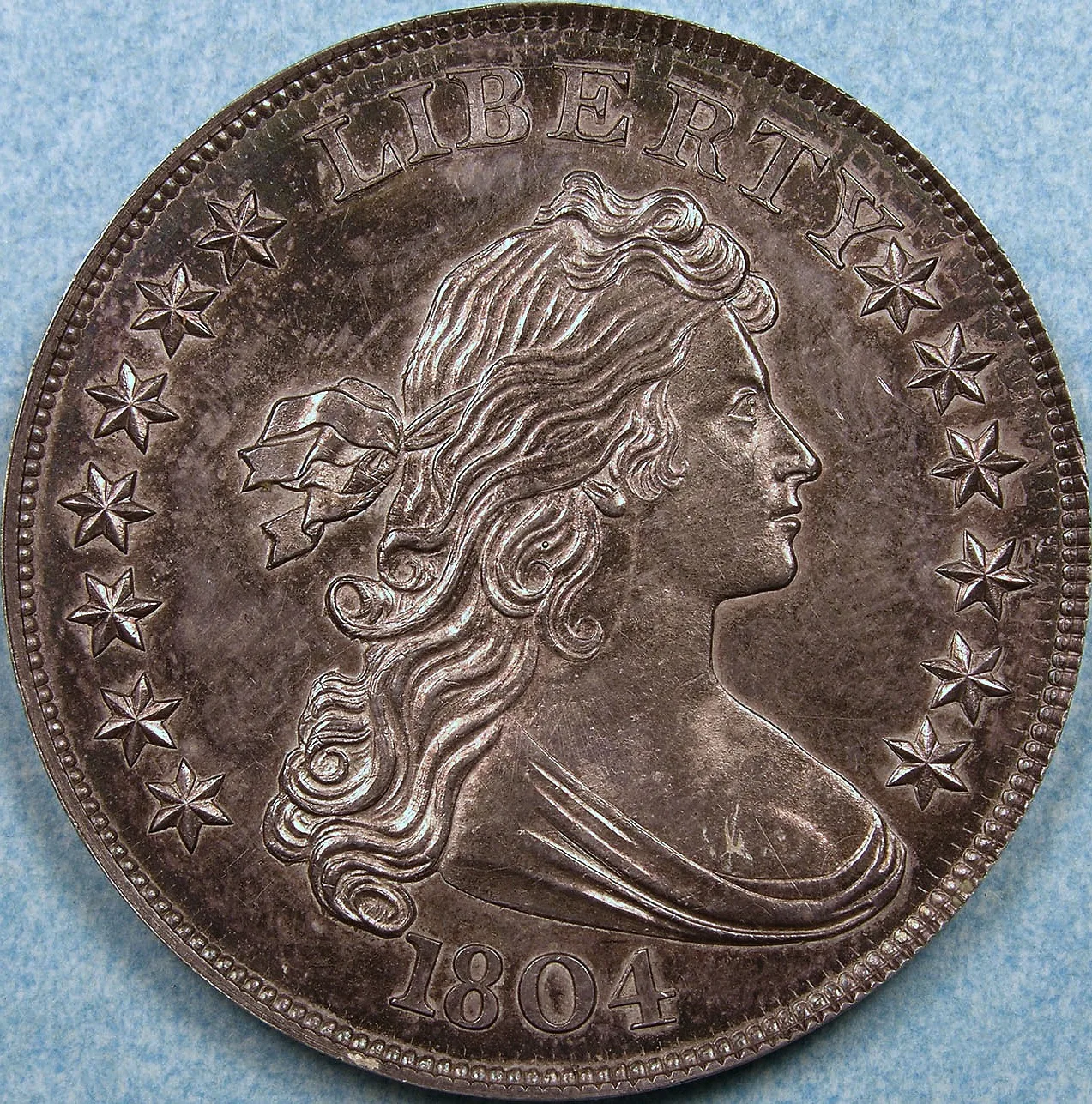 Obverse of the unique Class II 1804 Draped Bust silver dollar in the Smithsonian collection