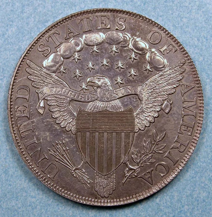 Reverse of the unique Class II 1804 Draped Bust silver dollar showing Reverse B cloud configuration
