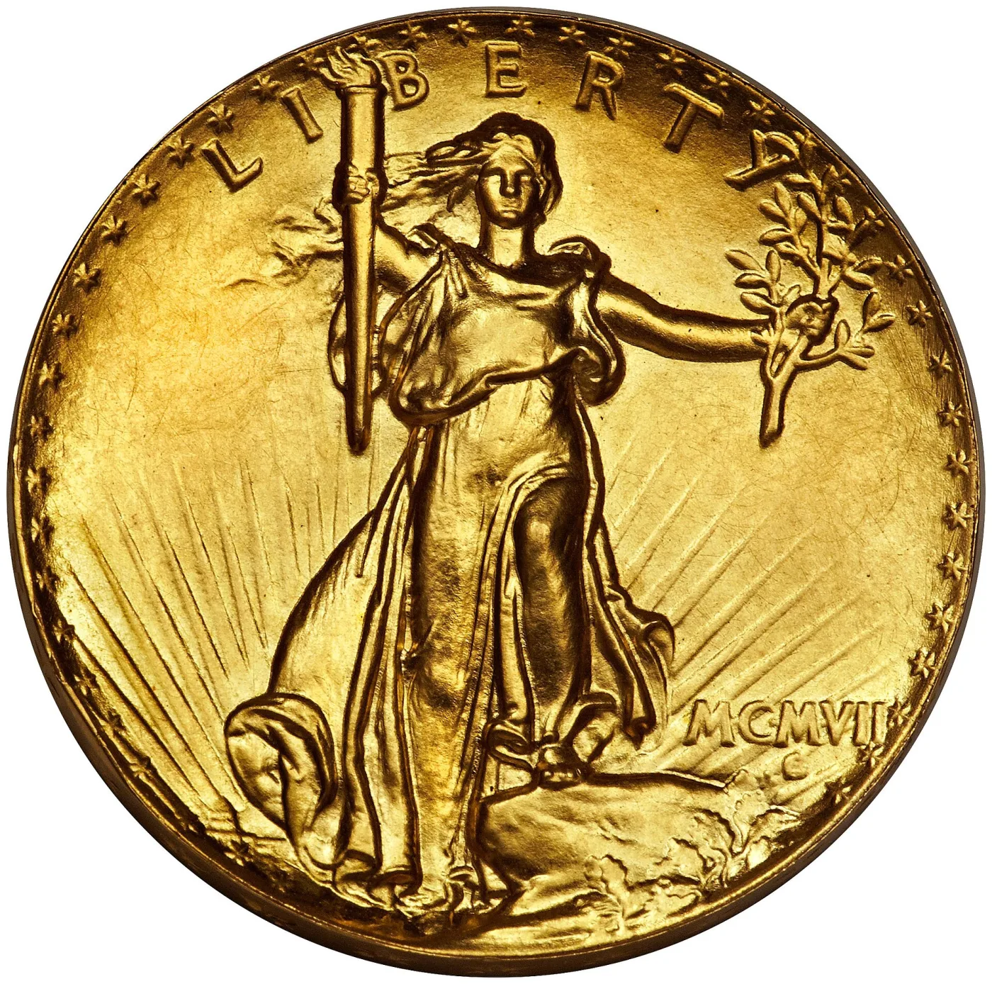 Obverse of a 1907 Ultra High Relief double eagle pattern with extremely deep relief and strongly concave fields