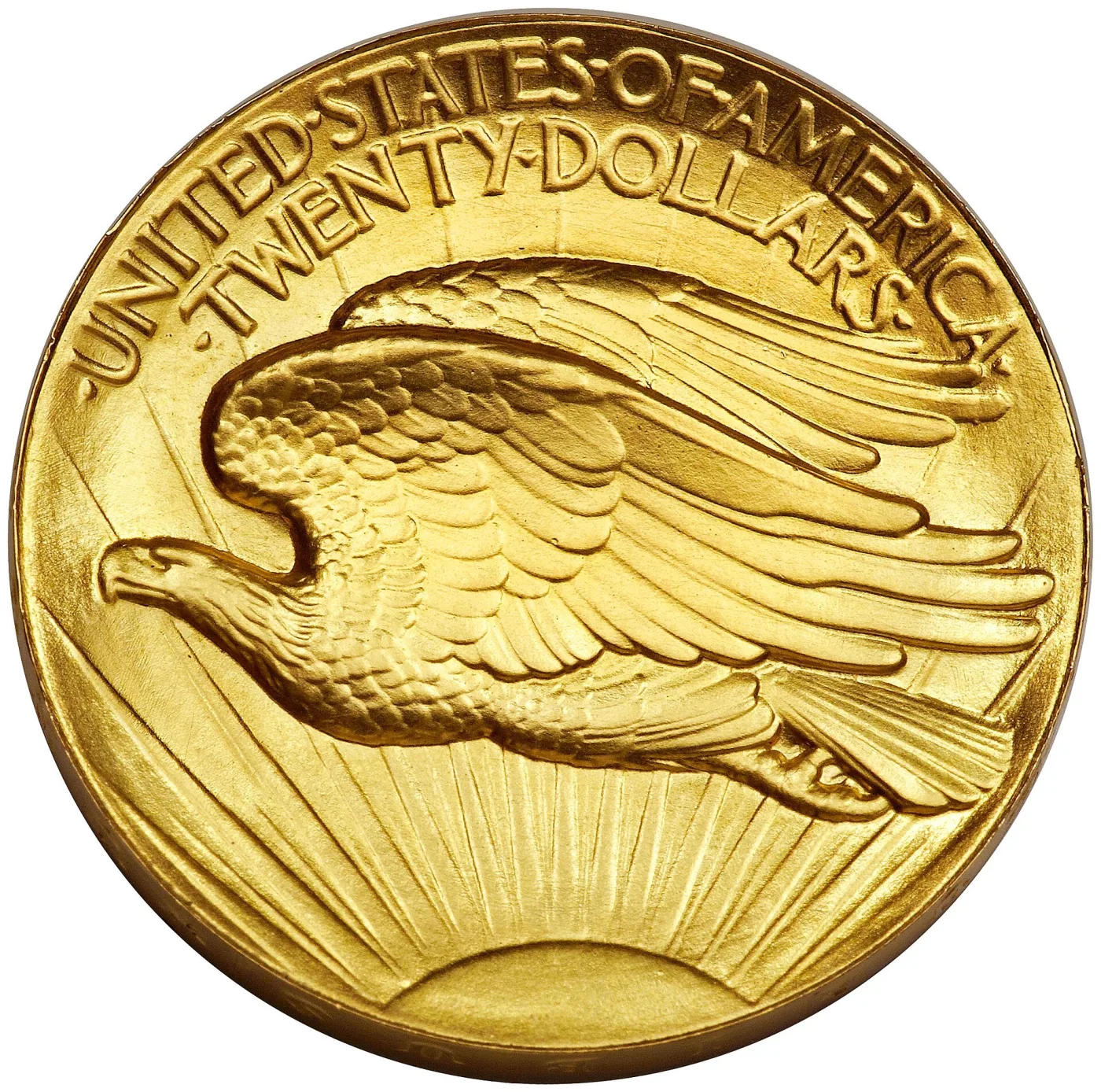 Reverse of a 1907 Ultra High Relief double eagle pattern with the eagle standing far out from the deeply concave field