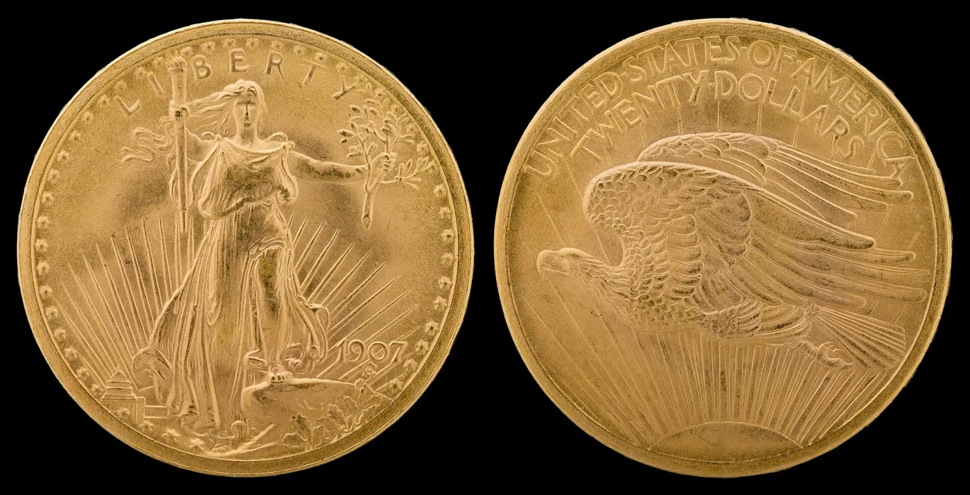 Obverse and reverse of a 1907 low relief Saint-Gaudens double eagle with Liberty striding forward and the date 1907 in Arabic numerals