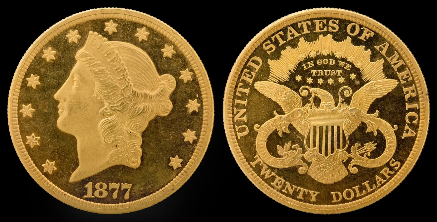 Obverse and reverse of a Type 3 Liberty Head double eagle showing a left-facing coroneted head and a heraldic eagle with shield