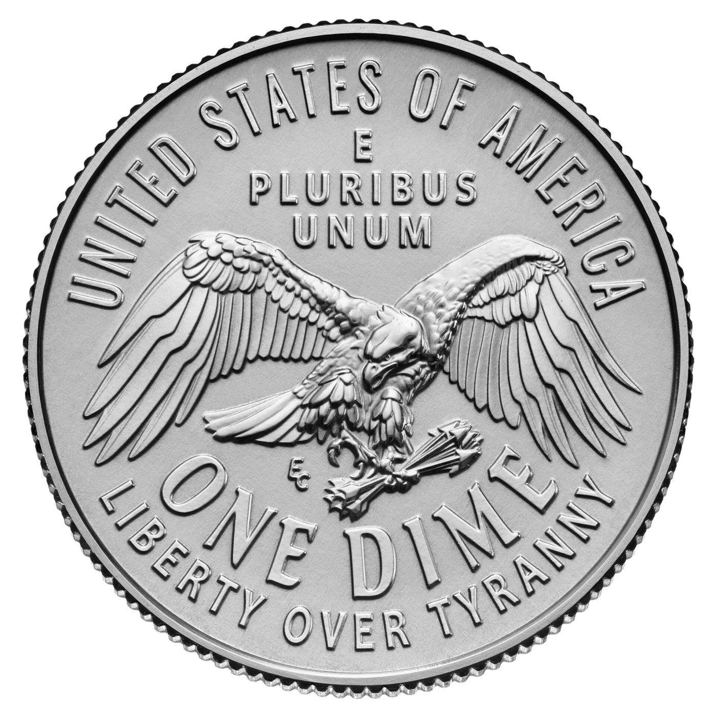 Reverse of the 2026 dime showing an eagle with outstretched wings carrying arrows, with E Pluribus Unum, One Dime and the words Liberty Over Tyranny