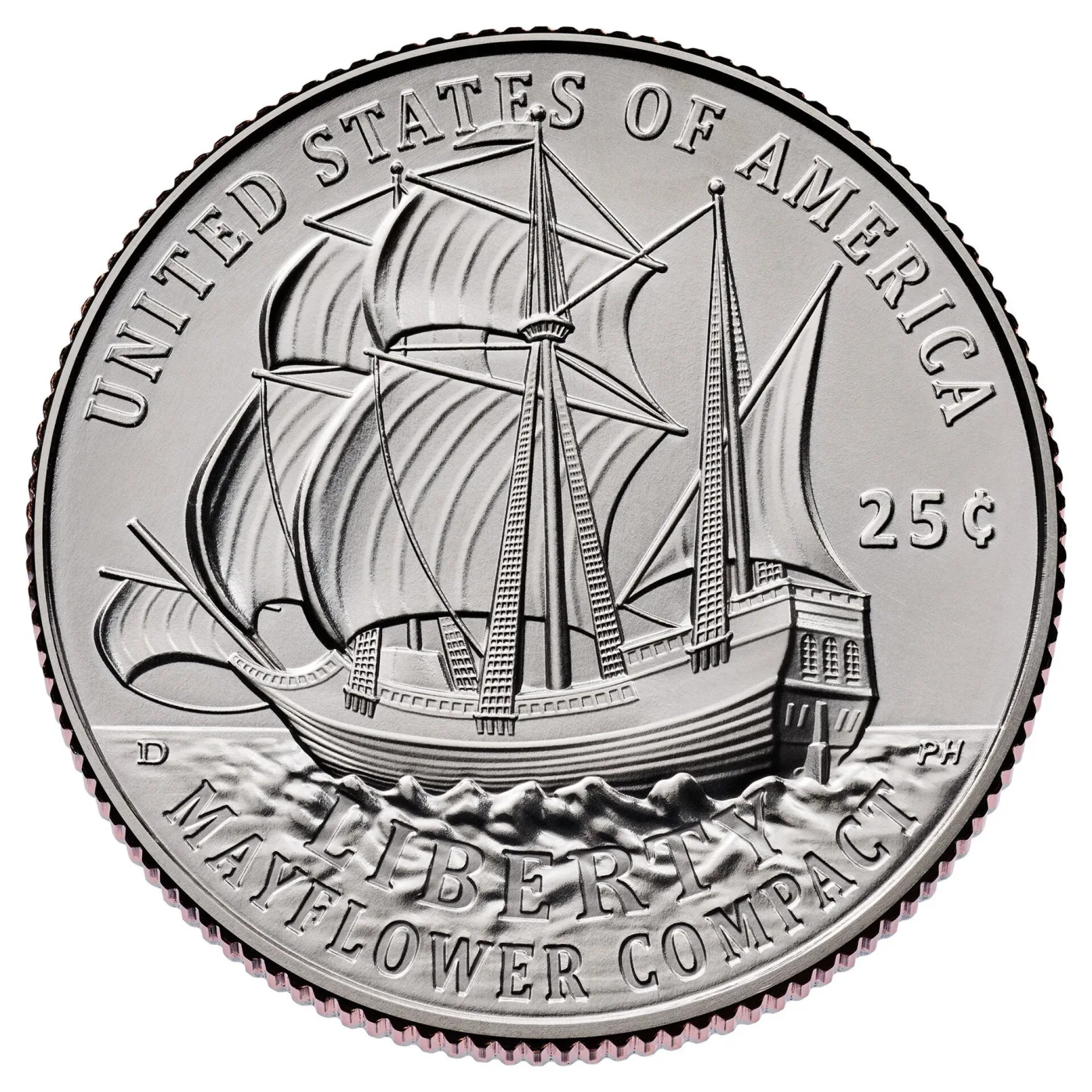 Reverse of the 2026 Mayflower Compact quarter showing the Mayflower under sail above the words Liberty and Mayflower Compact, with a D mint mark at left