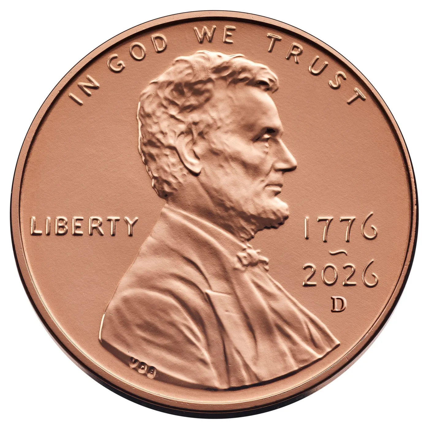 Obverse of the 2026 Lincoln cent from Denver with the stacked dual date 1776 over 2026 and a D mint mark below the date