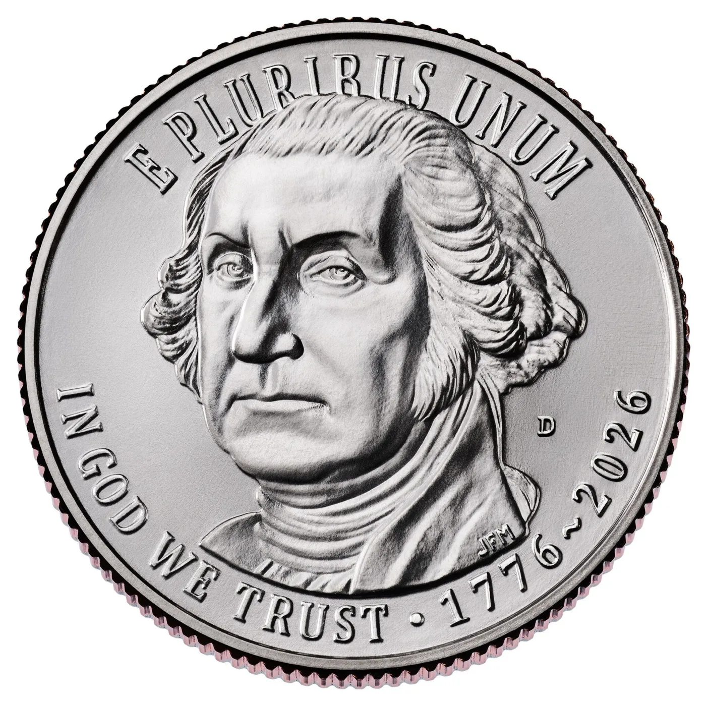 Obverse of the 2026 Revolutionary War quarter with a portrait of George Washington, E Pluribus Unum above, In God We Trust and the dual date 1776~2026 along the rim, and a D mint mark to the right of the portrait