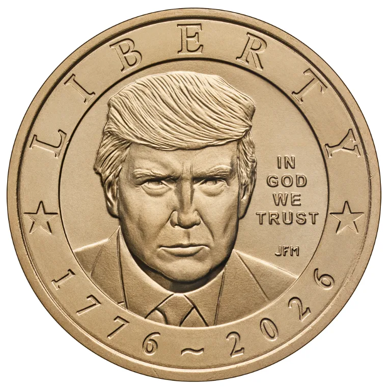 Obverse of the 2026 Trump dollar: a forward-facing portrait of Donald Trump with LIBERTY around the top, IN GOD WE TRUST at right, a star at each side and 1776 ~ 2026 along the bottom