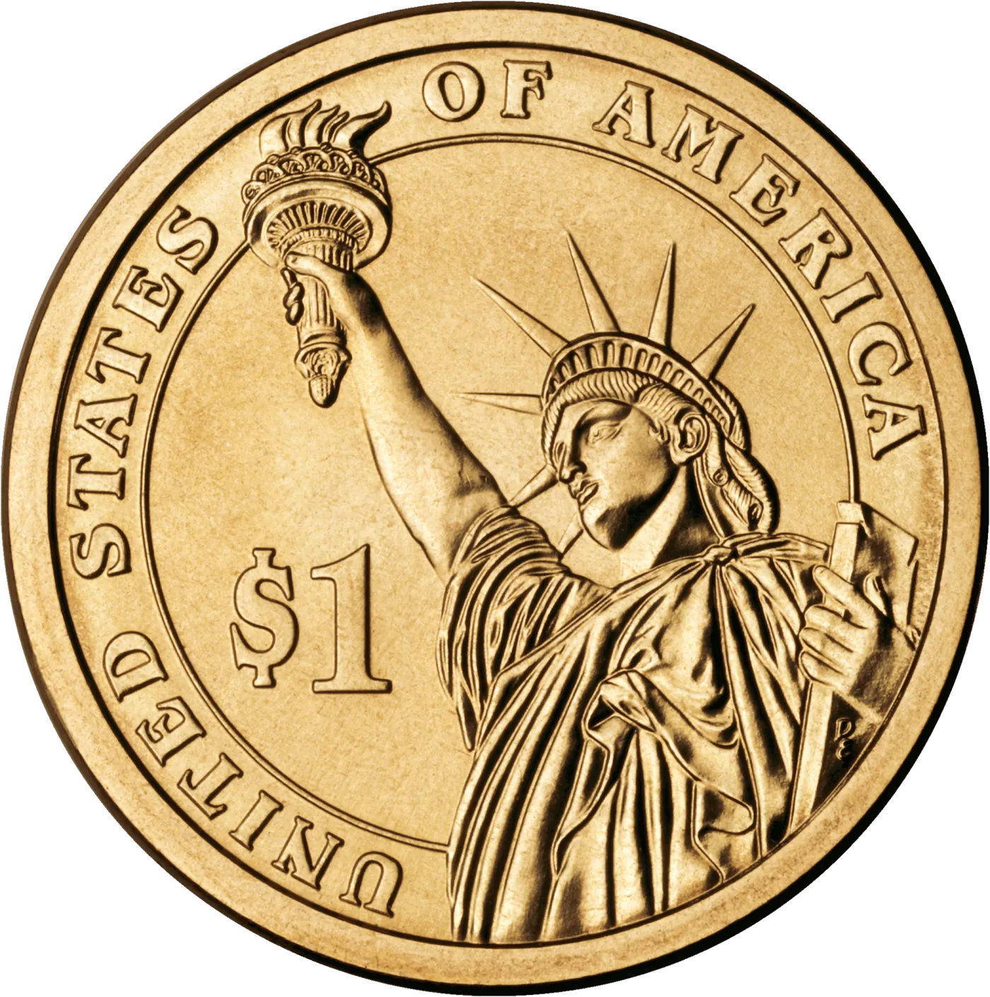 Reverse of a Presidential dollar showing the Statue of Liberty, UNITED STATES OF AMERICA and $1