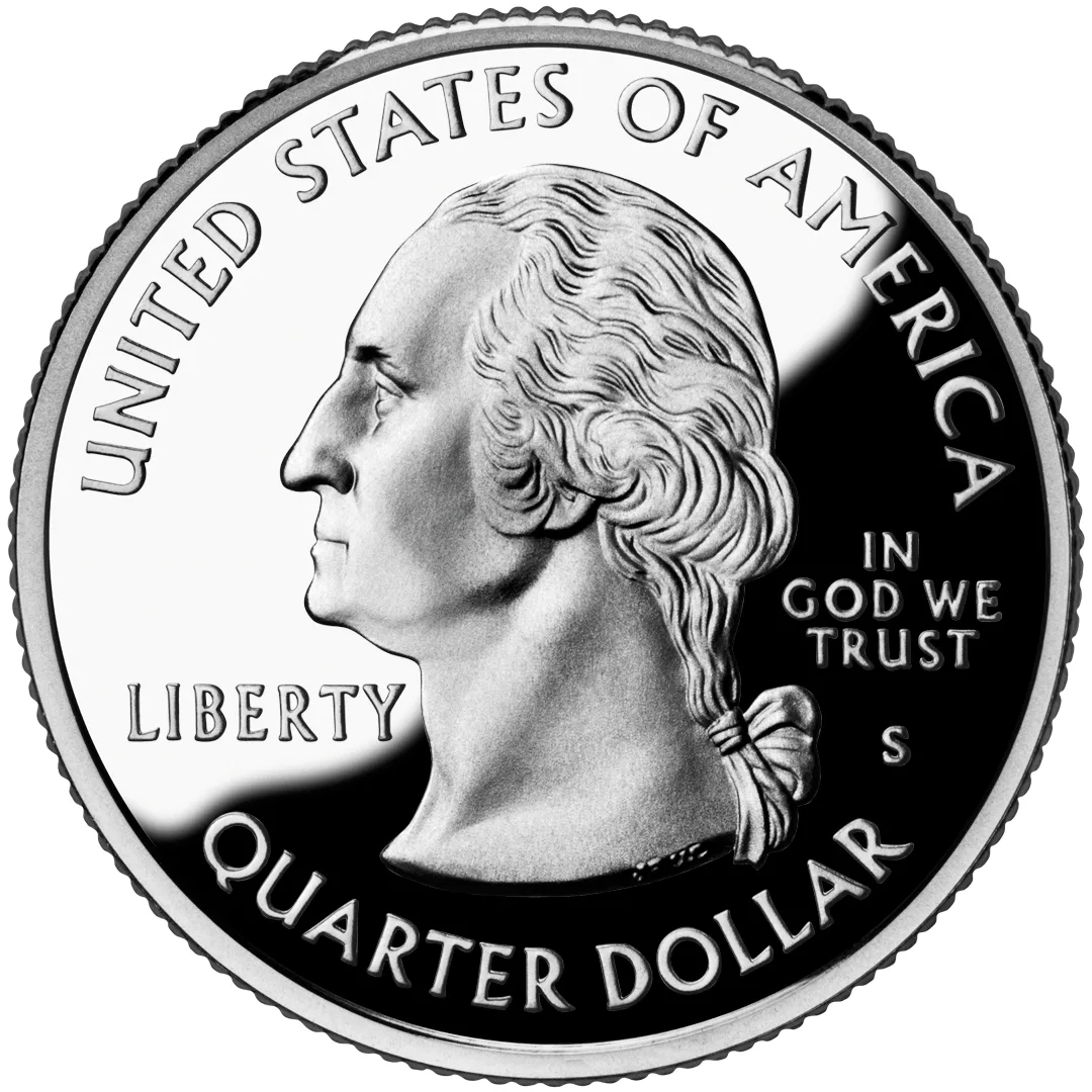 Obverse of a San Francisco proof state quarter, the S mint mark in the same position with the mirrored field photographing dark against the frosted portrait
