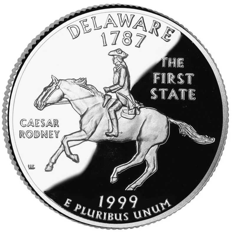 Reverse of the 1999 Delaware state quarter, Caesar Rodney riding at a gallop with DELAWARE and 1787 above, THE FIRST STATE at the right and 1999 below