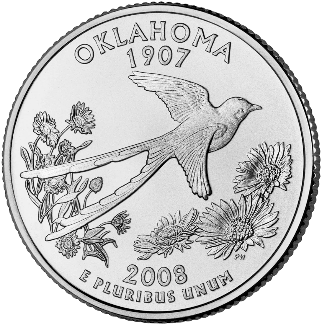 Reverse of the 2008 Oklahoma quarter, a scissor-tailed flycatcher in flight over Indian blanket flowers, OKLAHOMA and 1907 above and 2008 with E PLURIBUS UNUM below