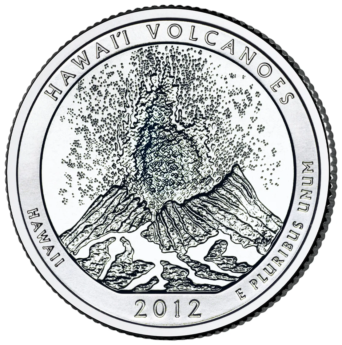 Reverse of the 2012 Hawai'i Volcanoes quarter showing a fissure eruption throwing lava and spatter above a flow