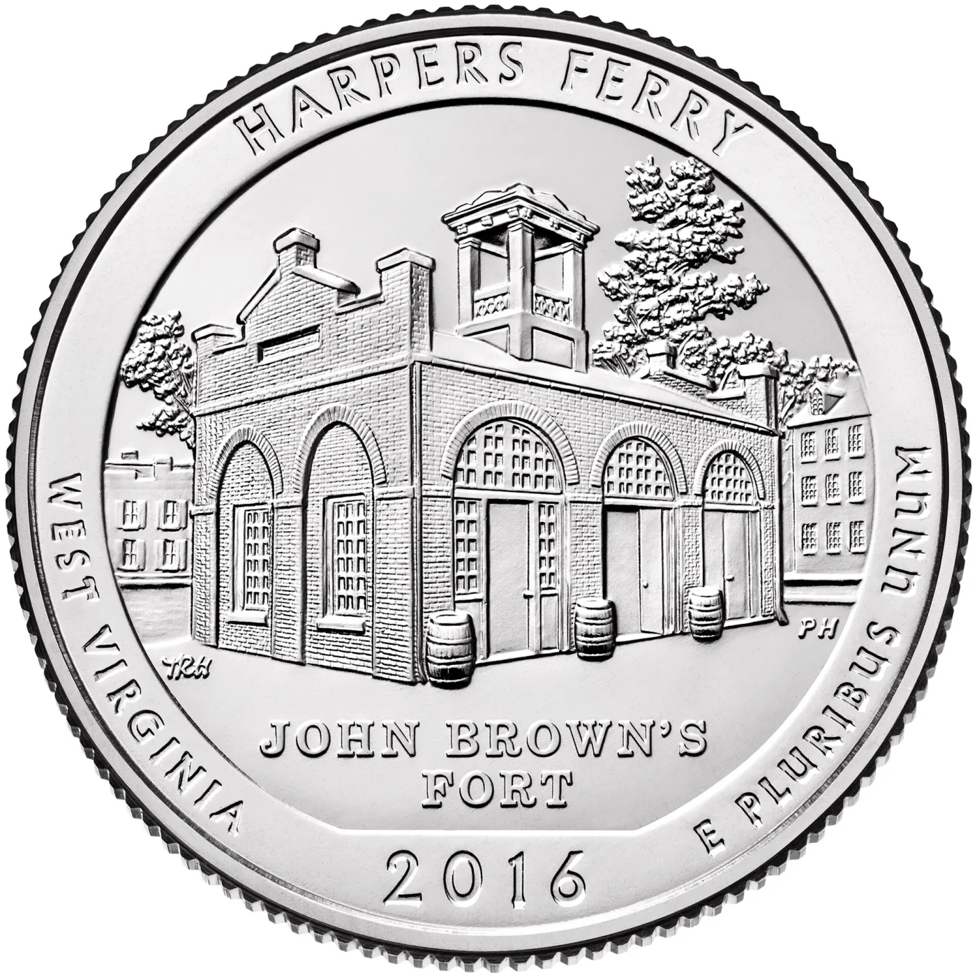 Reverse of the 2016 Harpers Ferry quarter showing John Brown's Fort rendered in brick detail with barrels at the doors and buildings behind
