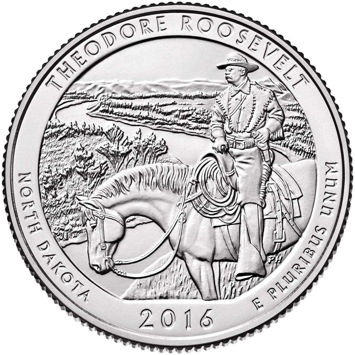 Reverse of the 2016 Theodore Roosevelt quarter showing Roosevelt mounted on a horse above the North Dakota badlands