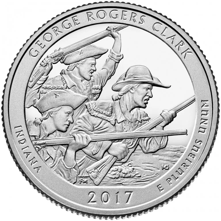 Proof reverse of the 2017 George Rogers Clark quarter showing three soldiers wading through floodwater with muskets raised