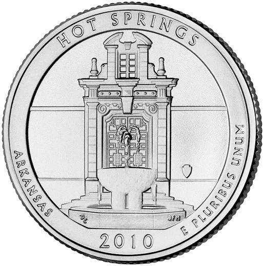 Reverse of the 2010 Hot Springs quarter showing the Park headquarters facade above a thermal fountain, lettered HOT SPRINGS and ARKANSAS