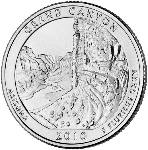 Reverse of the 2010 Grand Canyon quarter showing the canyon from the North Rim with GRAND CANYON at the top, ARIZONA up the left rim and 2010 at the bottom