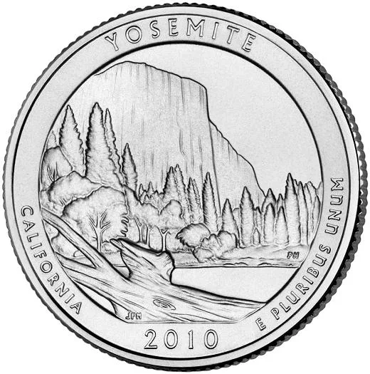 Reverse of the 2010 Yosemite quarter showing the sheer face of El Capitan rising behind conifers above the valley floor