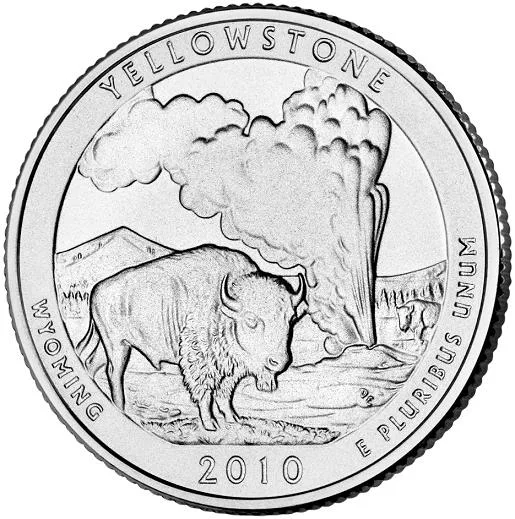 Reverse of the 2010 Yellowstone quarter showing a bison standing in front of the erupting Old Faithful geyser, lettered YELLOWSTONE and WYOMING