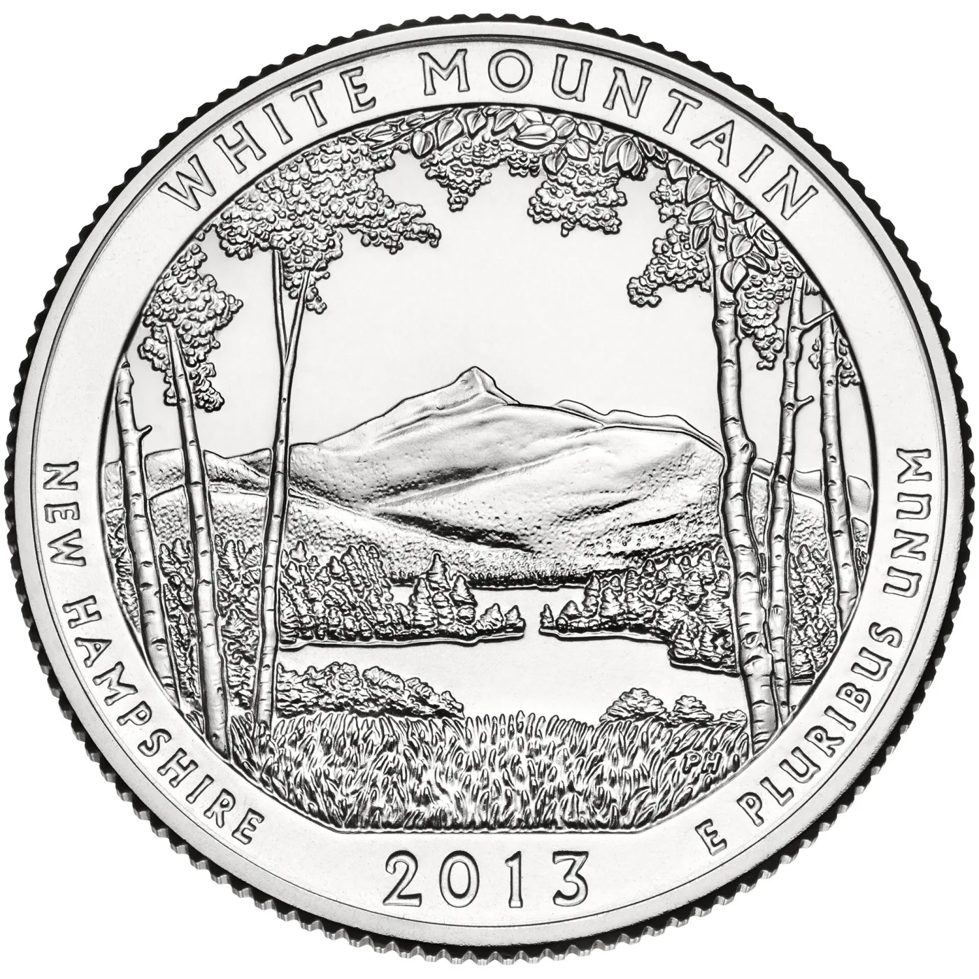 Reverse of the 2013 White Mountain National Forest quarter, a mountain peak framed by birch trunks above a lake, lettered WHITE MOUNTAIN and NEW HAMPSHIRE