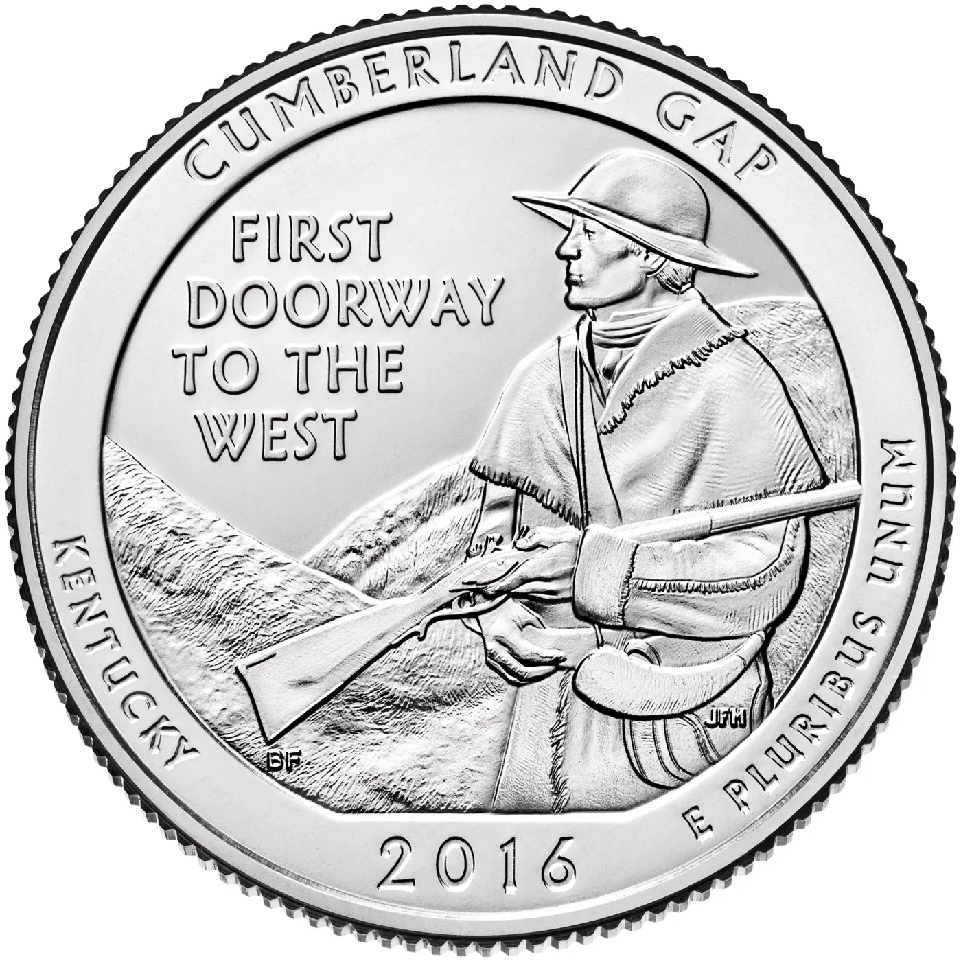 Reverse of the 2016 Cumberland Gap quarter showing a frontiersman carrying a long rifle with the gap in the ridge behind him