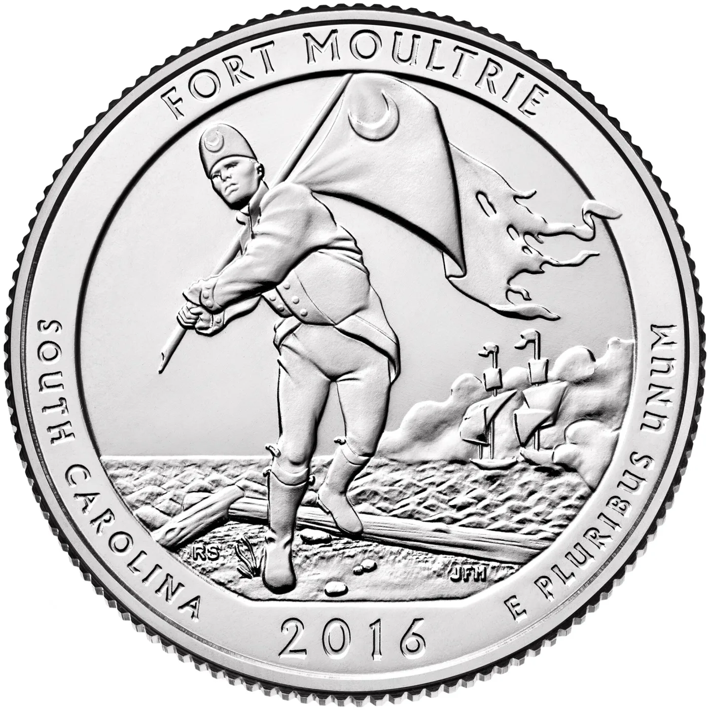 Reverse of the 2016 Fort Moultrie quarter showing a soldier raising a crescent flag with warships firing offshore