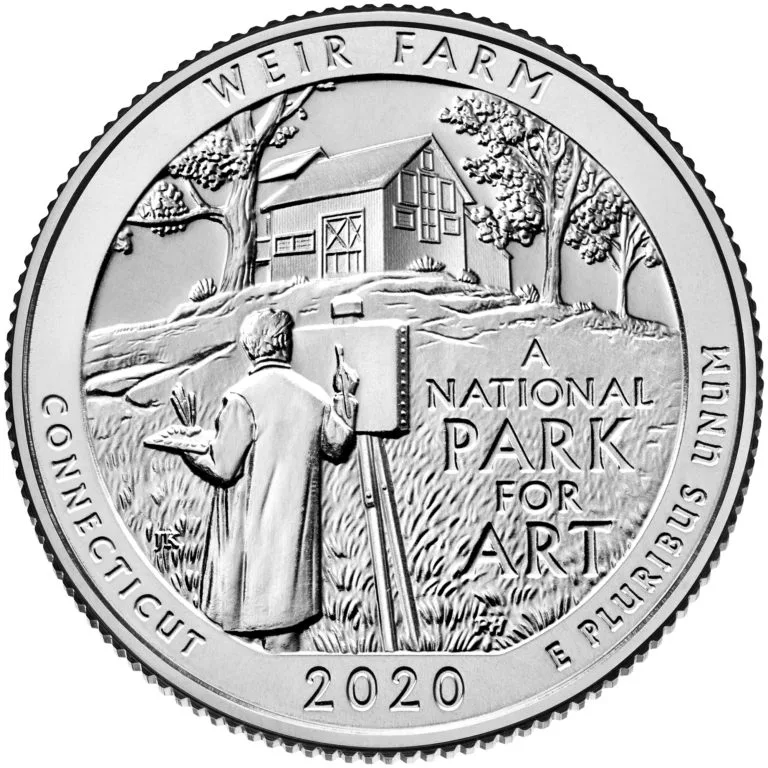 Reverse of the 2020 Weir Farm quarter showing a painter working at an easel in front of the studio building