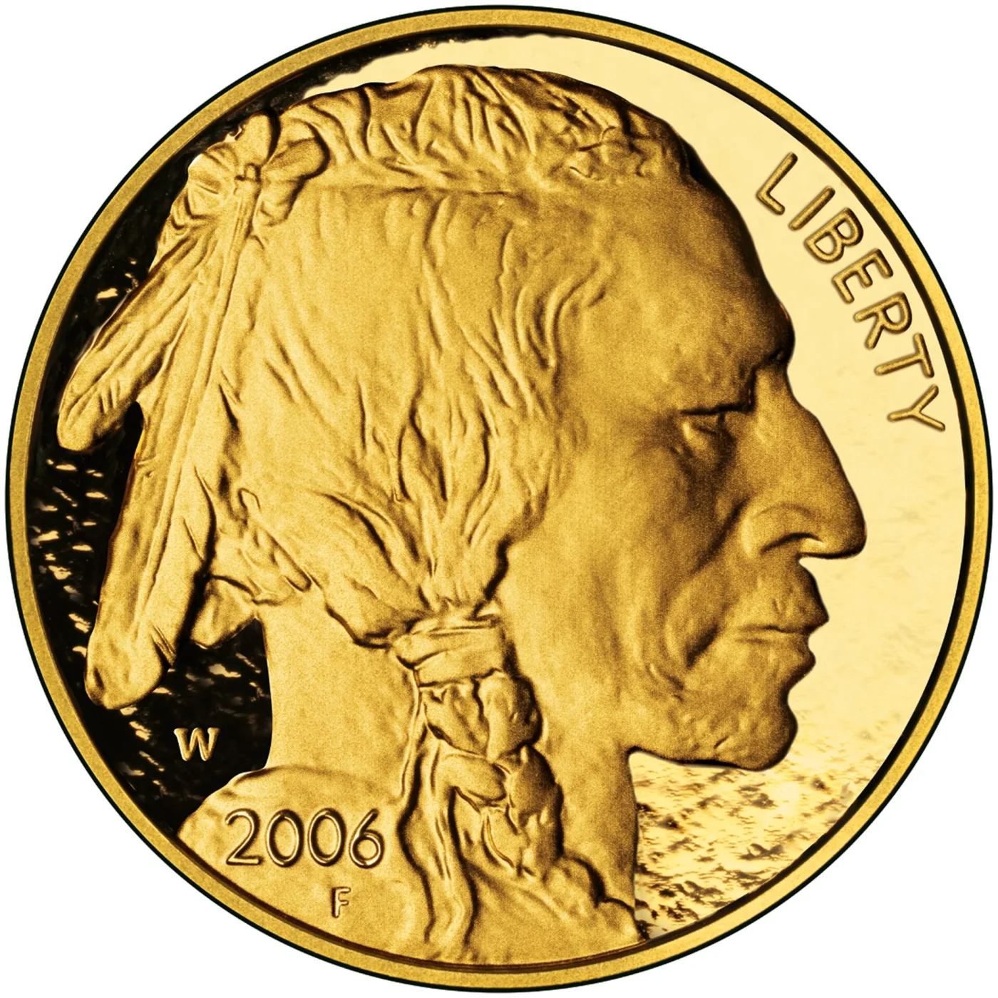 Obverse of a 2006-W proof American Gold Buffalo, the frosted portrait standing against a field that photographs almost black