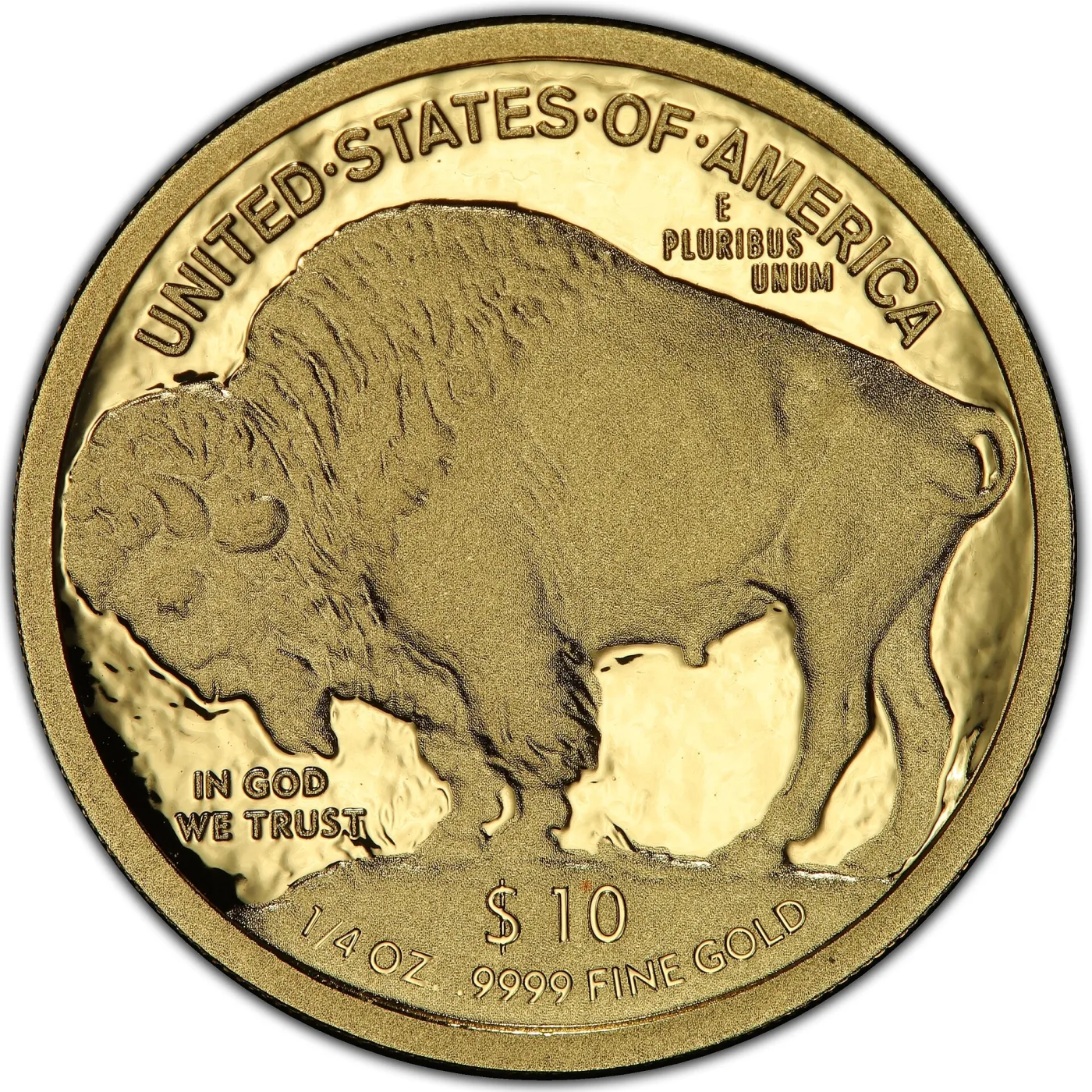 Reverse of a 2008 quarter-ounce American Gold Buffalo, the bottom legend reading $10 with 1/4 OZ. .9999 FINE GOLD beneath it