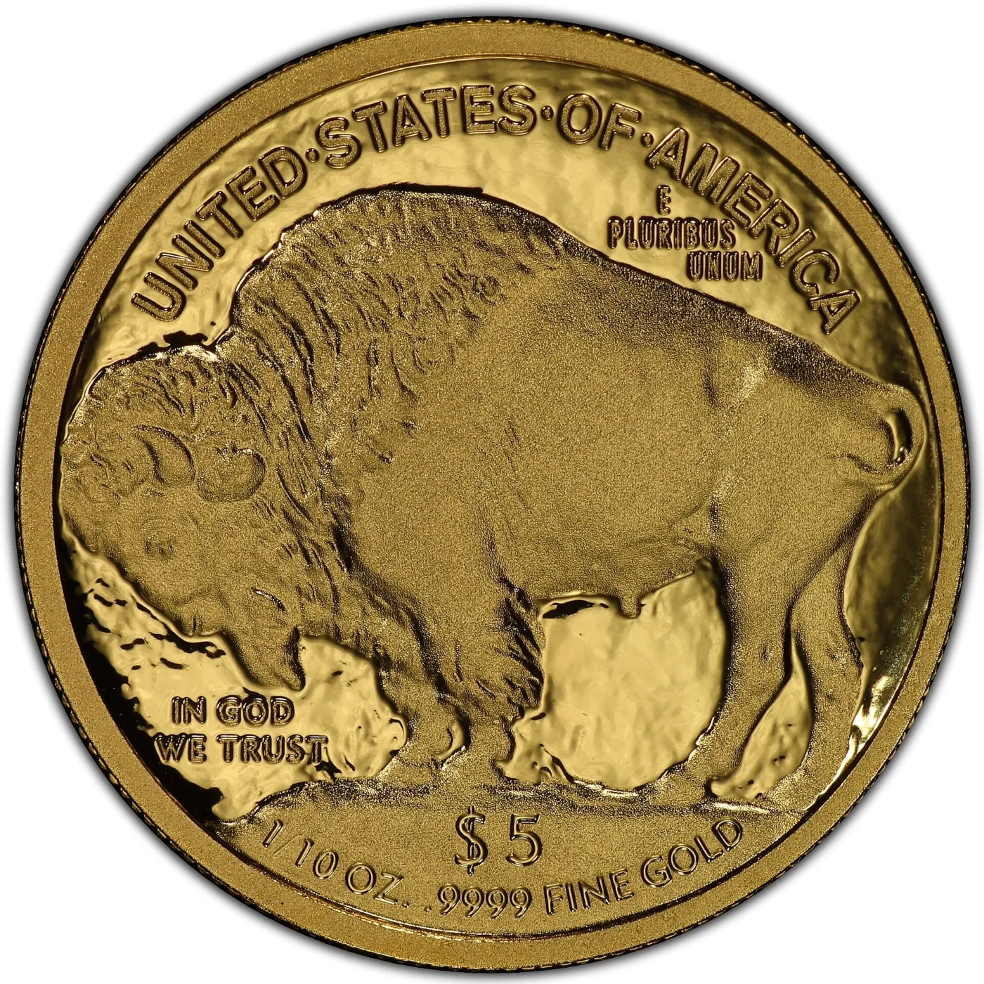 Reverse of a 2008 tenth-ounce American Gold Buffalo, the bottom legend reading $5 with 1/10 OZ. .9999 FINE GOLD beneath it