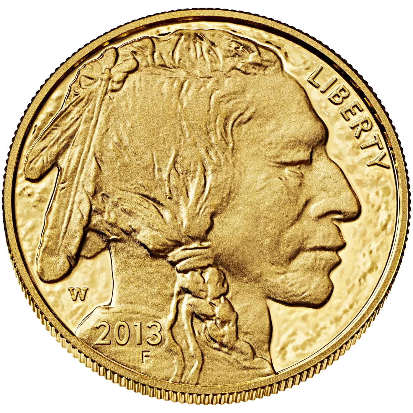 Obverse of a 2013-W American Gold Buffalo, the profile facing right with LIBERTY down the upper right edge, and at the lower left a W mint mark above the date 2013 with an F beneath it