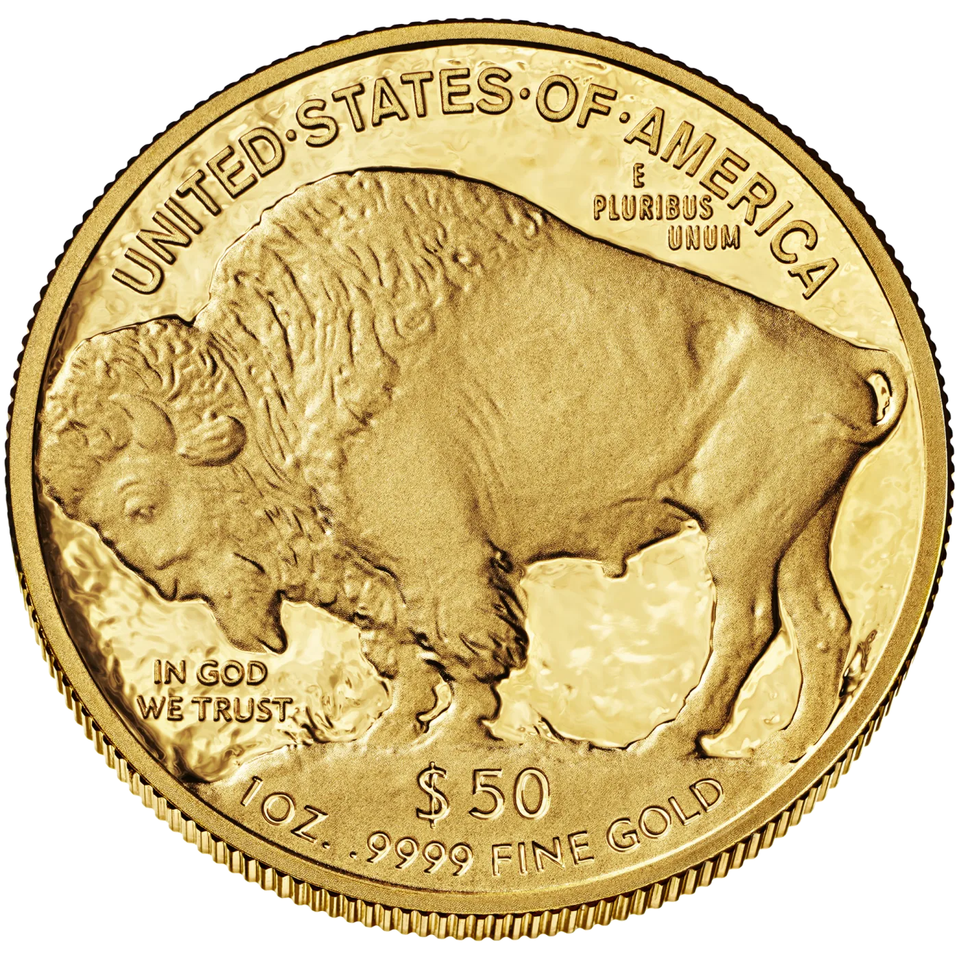 Reverse of a one-ounce American Gold Buffalo, a bison standing in profile with UNITED STATES OF AMERICA above and the legend $50, 1 OZ., .9999 FINE GOLD across the bottom