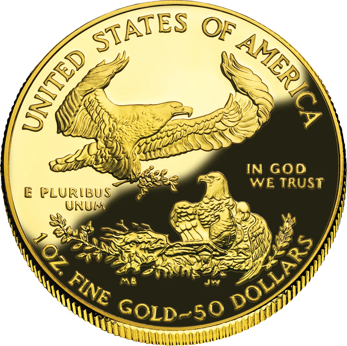 Reverse of the same 2006-W proof American Gold Eagle, with the designers' initials at the base of the nest and no mint mark in the field