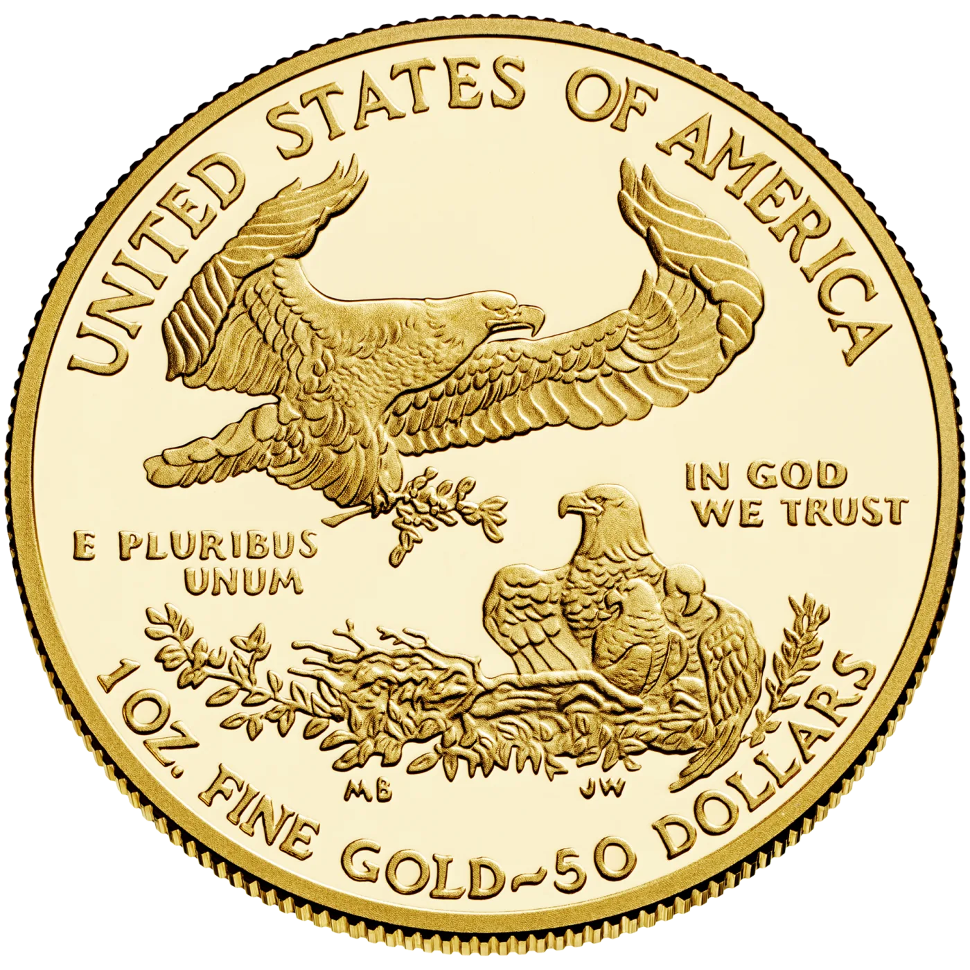 Type 1 reverse of a one-ounce American Gold Eagle, a male eagle flying in from the left with an olive branch toward a nest at the lower right holding a female eagle and two young