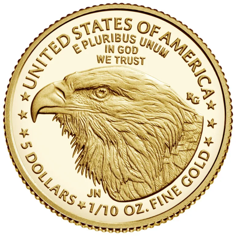 Type 2 reverse of a tenth-ounce American Gold Eagle, a single bald eagle's head in profile filling the field, with 5 DOLLARS and 1/10 OZ. FINE GOLD around the lower rim