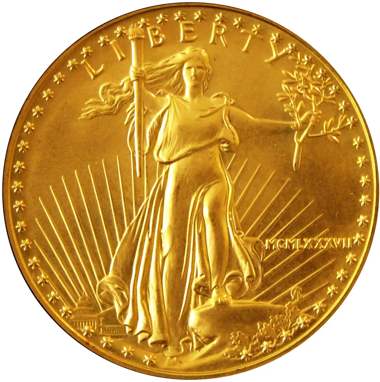 Obverse of a 1987 American Gold Eagle, the date at the right written as the Roman numerals MCMLXXXVII