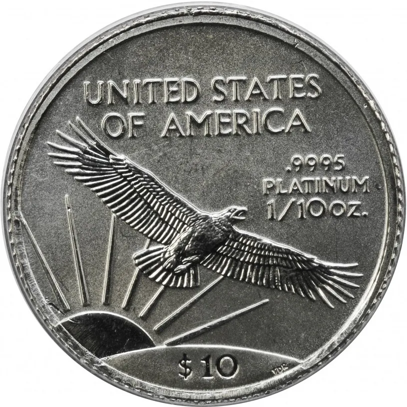 Reverse of a 1998 tenth-ounce American Platinum Eagle, an eagle soaring above a rayed sunrise, with .9995 PLATINUM 1/10 OZ. stacked at the right and $10 at the bottom