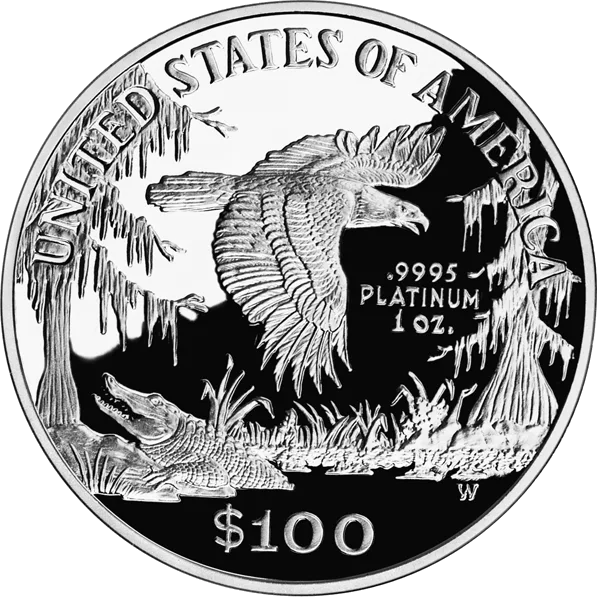 Reverse of a 1999 proof American Platinum Eagle, an eagle flying between moss-hung trees over a wetland with an alligator on the bank below