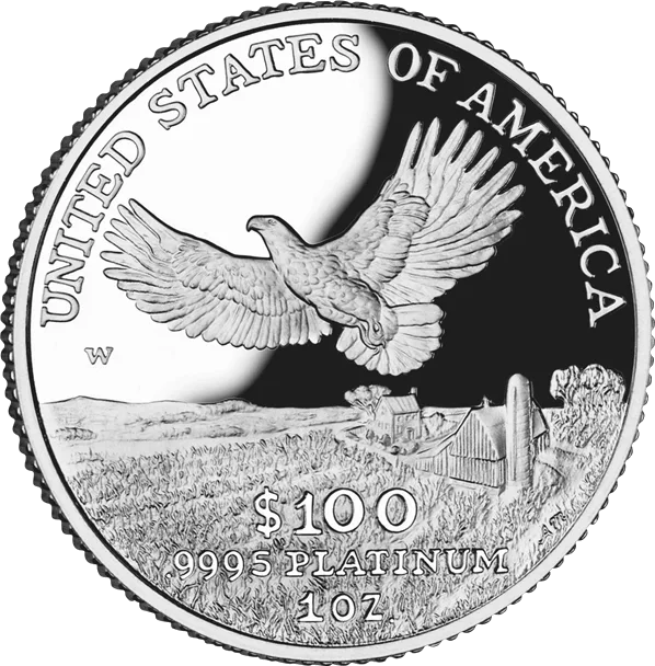 Reverse of a 2000 proof American Platinum Eagle, an eagle flying over farmland with a barn and silo, the W mint mark at the left