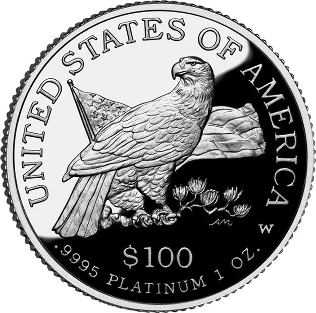 Reverse of a 2003 proof American Platinum Eagle, an eagle perched on a rock beside a furled American flag, with the W mint mark at the right