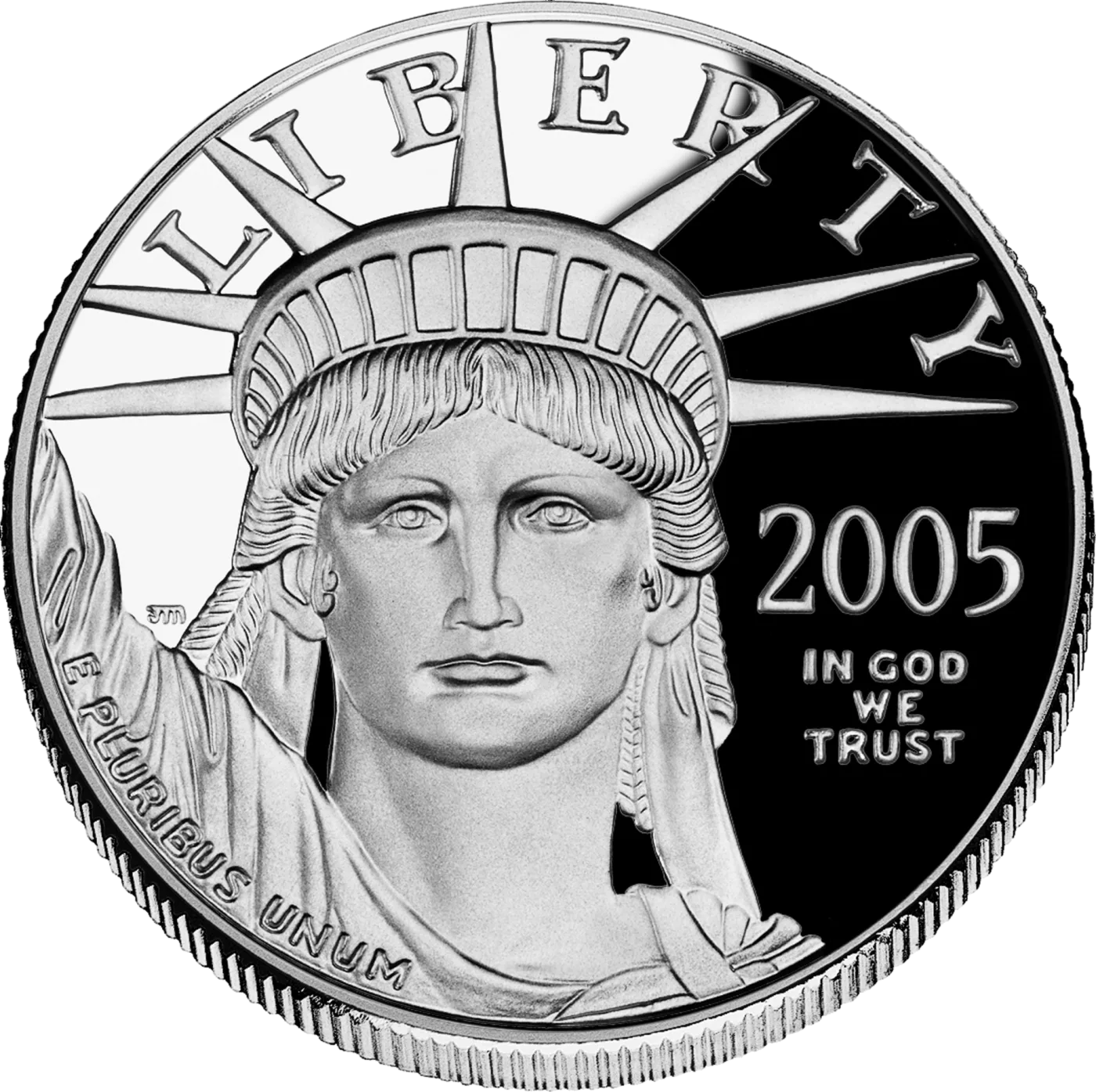 Obverse of a 2005 proof American Platinum Eagle, the Statue of Liberty's face shown full on beneath her radiate crown, LIBERTY around the top and the date at the right
