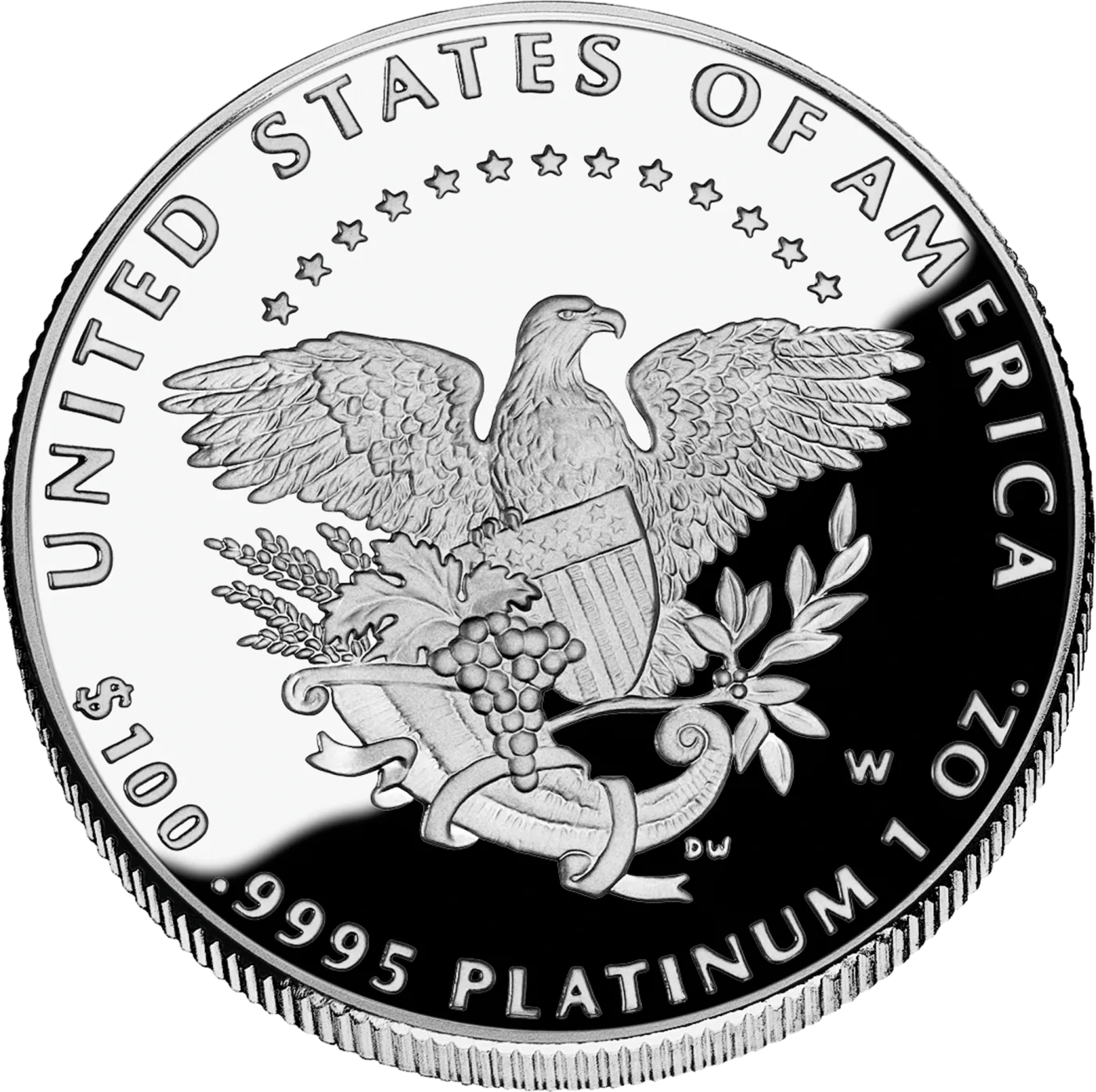 Reverse of a 2005 proof American Platinum Eagle, an eagle with a shield and cornucopia, the W mint mark alone in the field at the right beside the olive branch