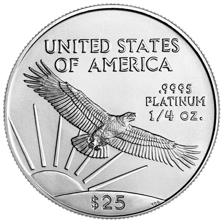 Reverse of a quarter-ounce American Platinum Eagle, the stacked legend reading .9995 PLATINUM 1/4 OZ. with $25 below the sunrise
