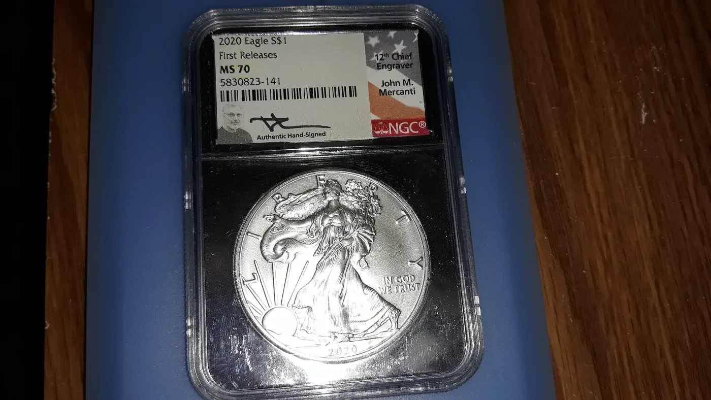 A 2020 American Silver Eagle sealed in an NGC holder whose label reads MS 70 with a certification number and barcode