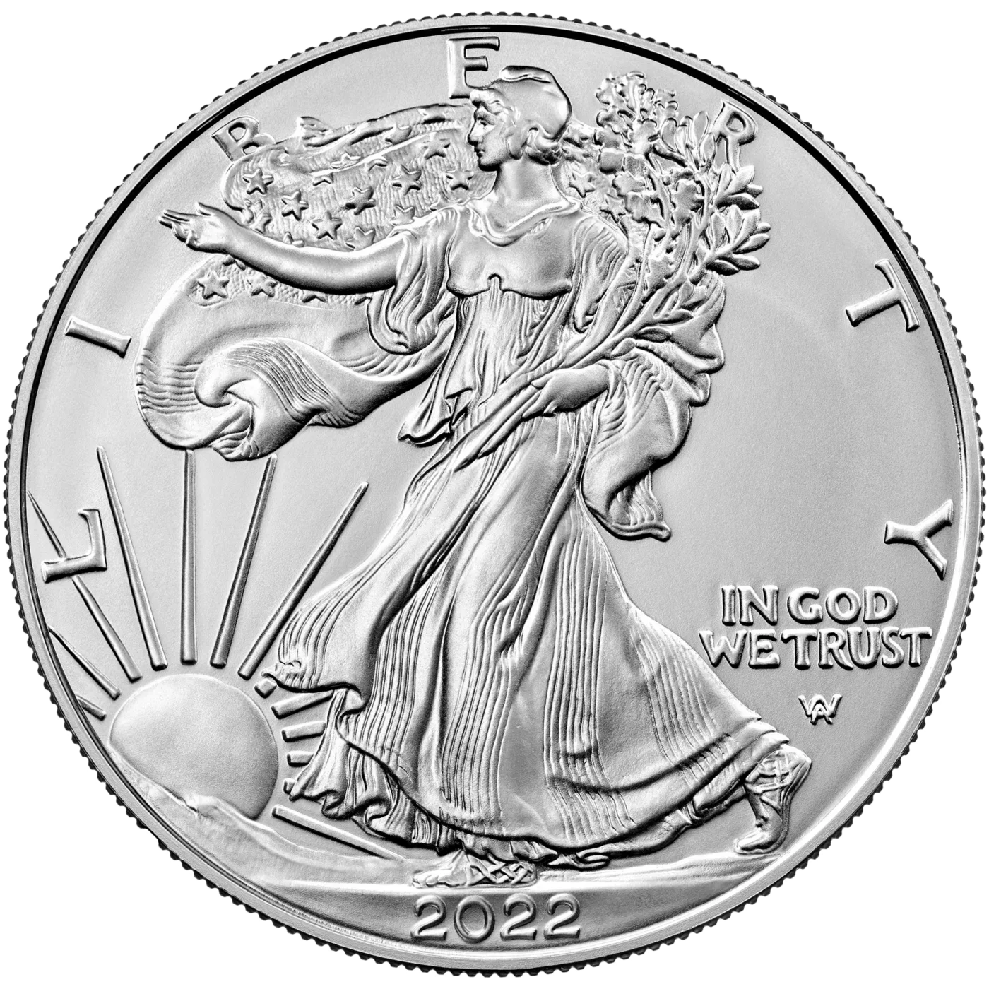Obverse of a 2022 American Silver Eagle bullion coin showing Liberty striding toward a rising sun, with the date at the bottom rim