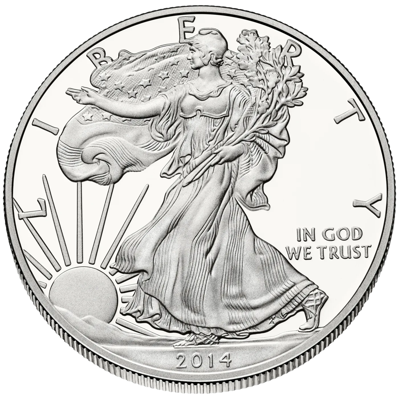 Obverse of a proof American Silver Eagle where the flat fields read as black mirror and Liberty and the lettering stand out in white frost