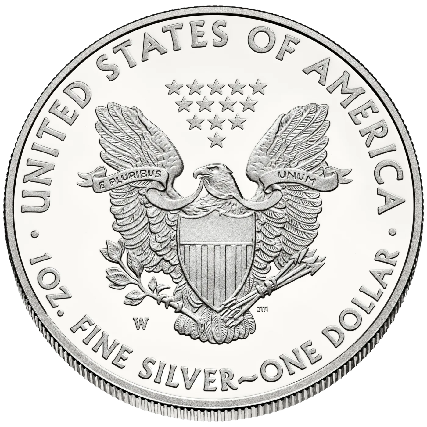 Type 1 reverse of an American Silver Eagle, a forward-facing heraldic eagle behind a striped shield with thirteen stars above and a W mint mark below