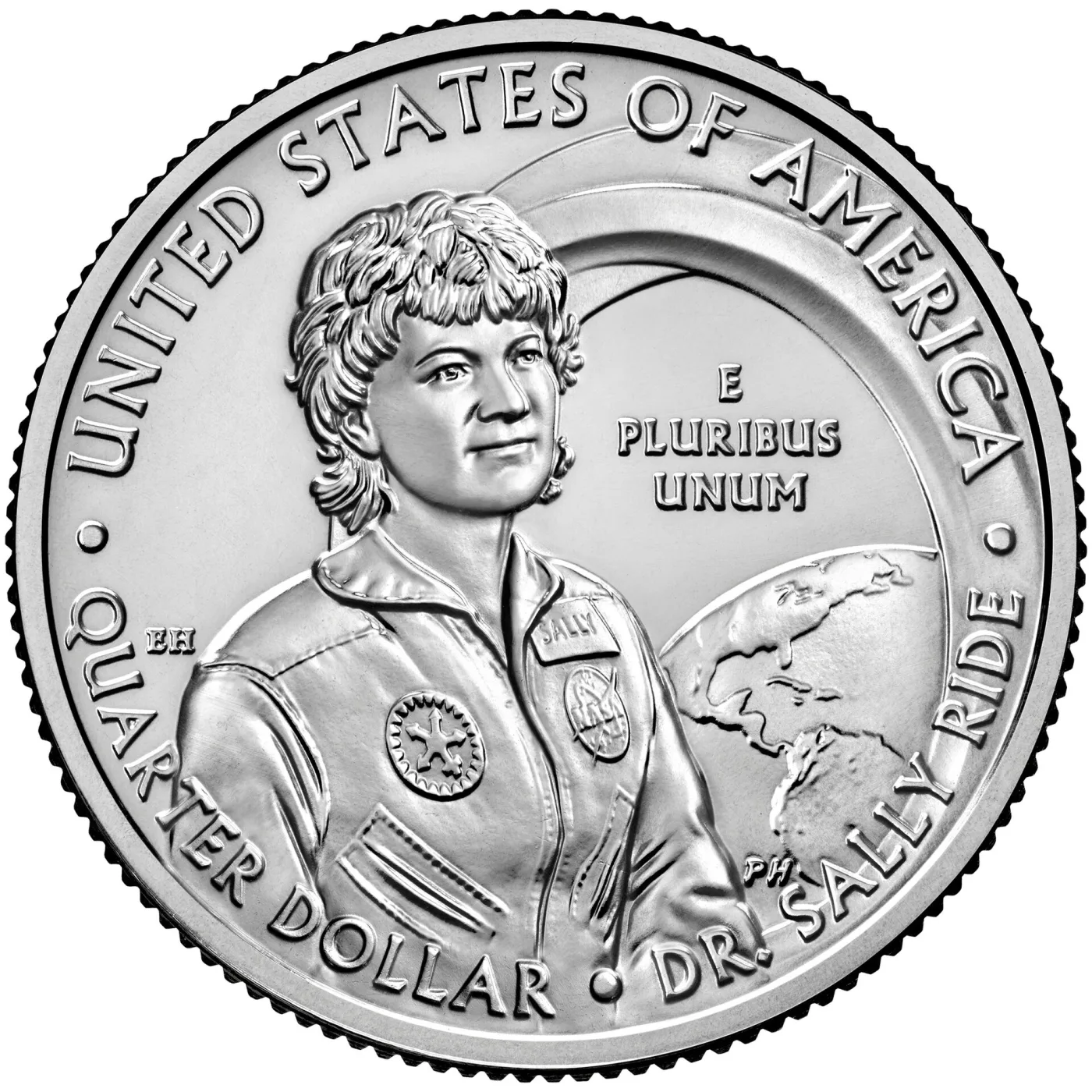 Reverse of the 2022 Dr. Sally Ride quarter showing her in a flight suit beside a window with Earth visible outside, her name curved along the lower right rim