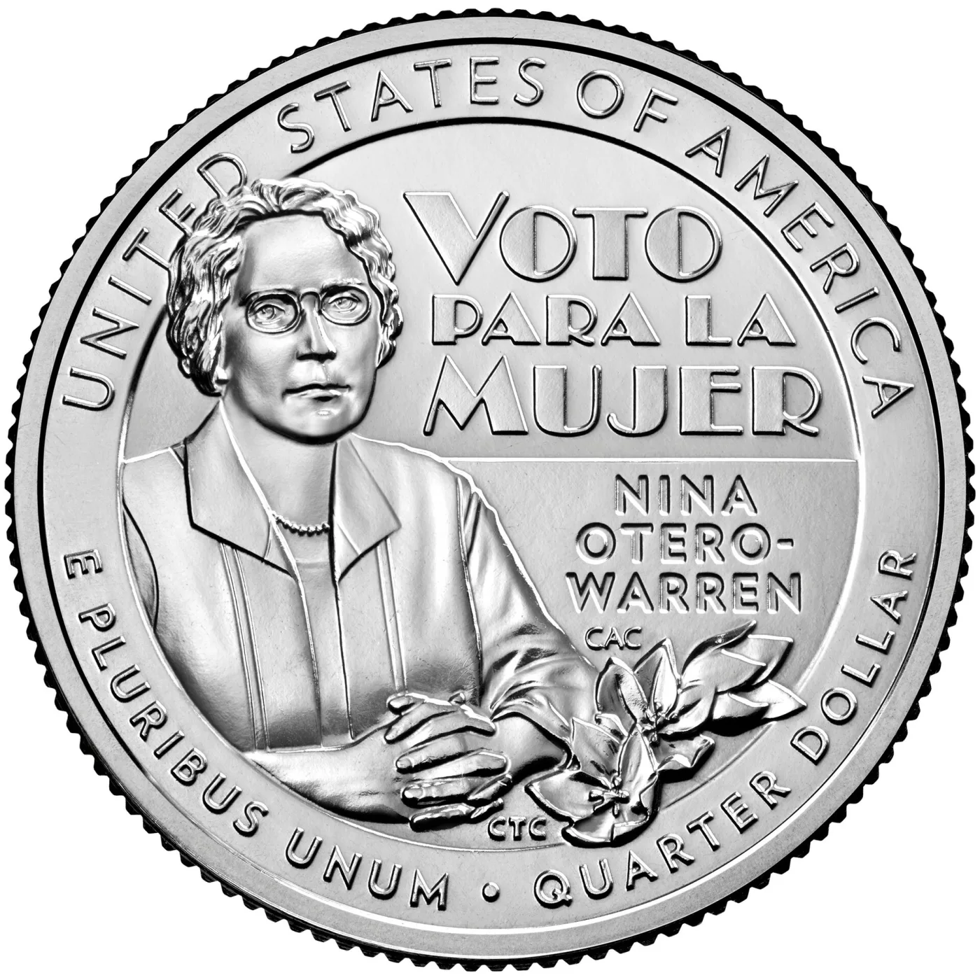Reverse of the 2022 Nina Otero-Warren quarter with the Spanish inscription VOTO PARA LA MUJER filling the upper right and three yucca flowers at the lower right